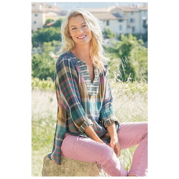 Soft Surroundings Tops - Soft Surroundings Multicolor Gauze Cotton Plaid V-Neck Top Boho Office Casual